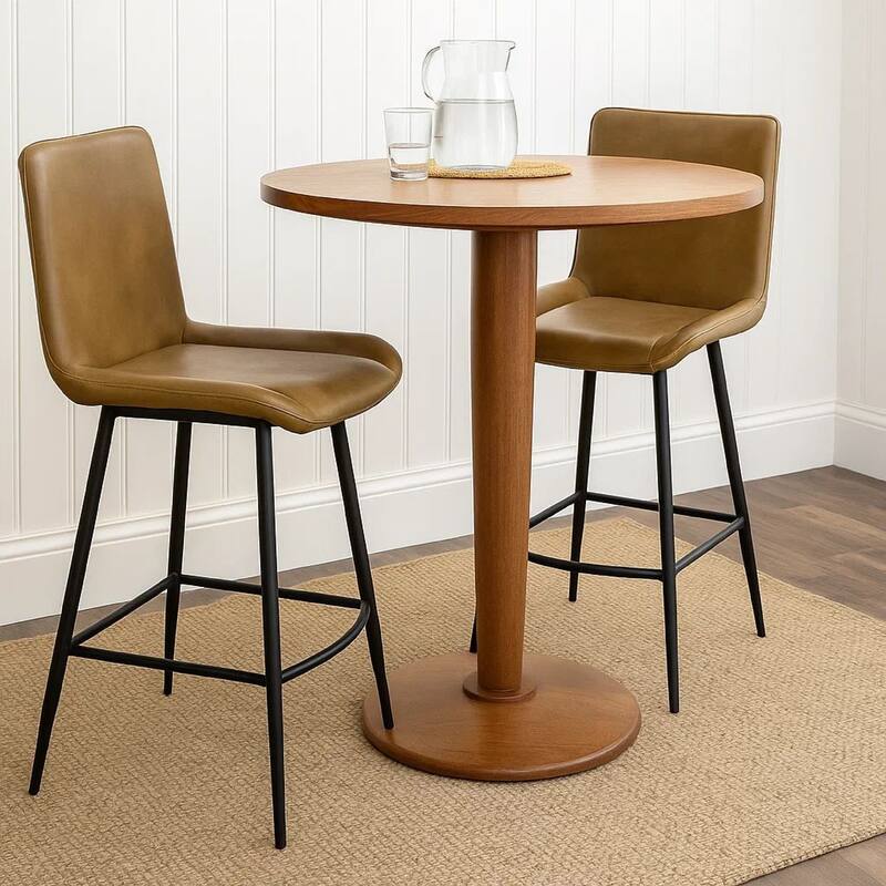 Isha Counter Stool Chair Set of 2, Brown Faux Leather, Black Iron
