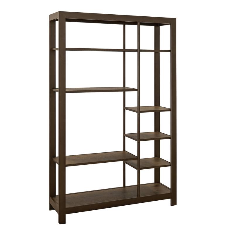 Loe Bookcase, 7 Shelves, Industrial Brown Wood Shelves, Metal 45 Inch