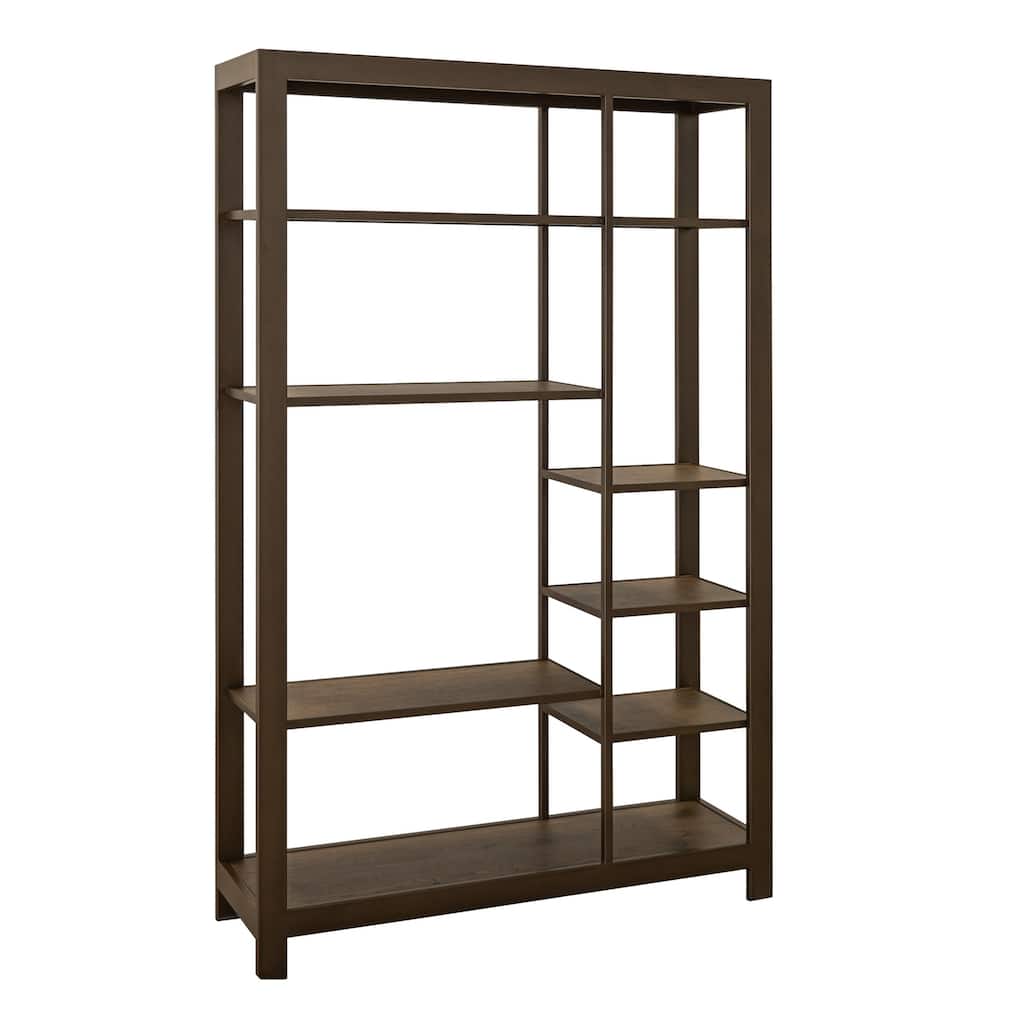 Loe Bookcase, 7 Shelves, Industrial Brown Wood Shelves, Metal 45 Inch