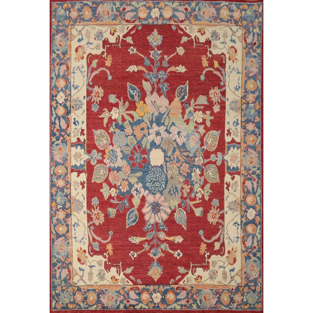 Hand Knotted Oriental 100% Wool Carpet Transitional Floral Red Oushak Area Rug - 9' 11'' X 8' 5''