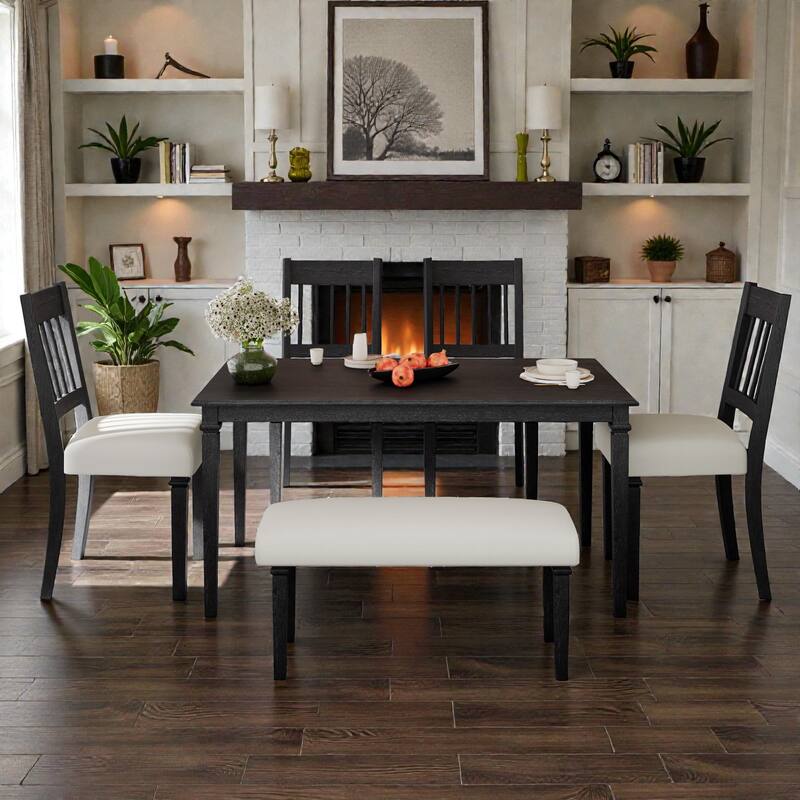 6-Piece Retro Dining Set with Wooden Table, 4 Chairs and Bench, Space-Saving Kitchen & Dining Room Furniture