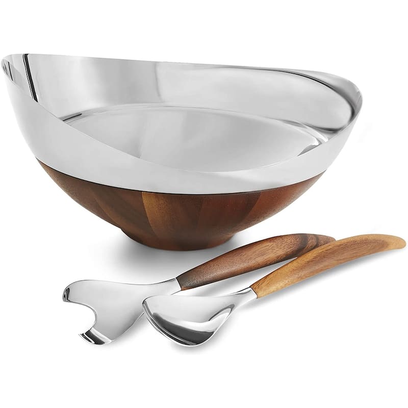 Nambe Pulse Salad Bowl with Servers - 12” x 13” Bowl with 11.5” Servers
