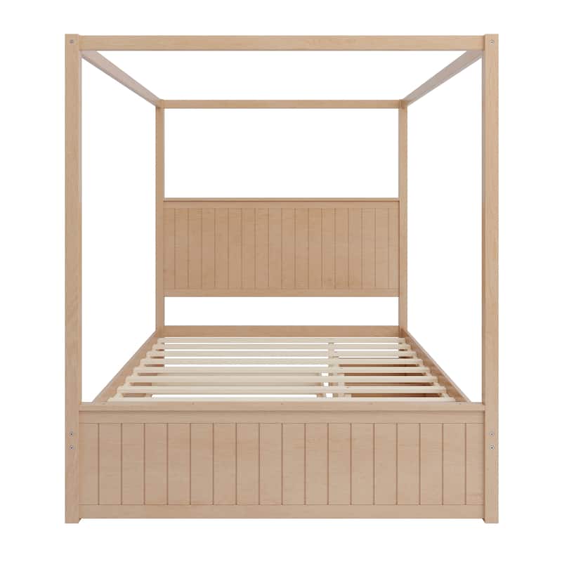 Queen Size Canopy Bed Platform Bed with Trundle Drawers Under-bed