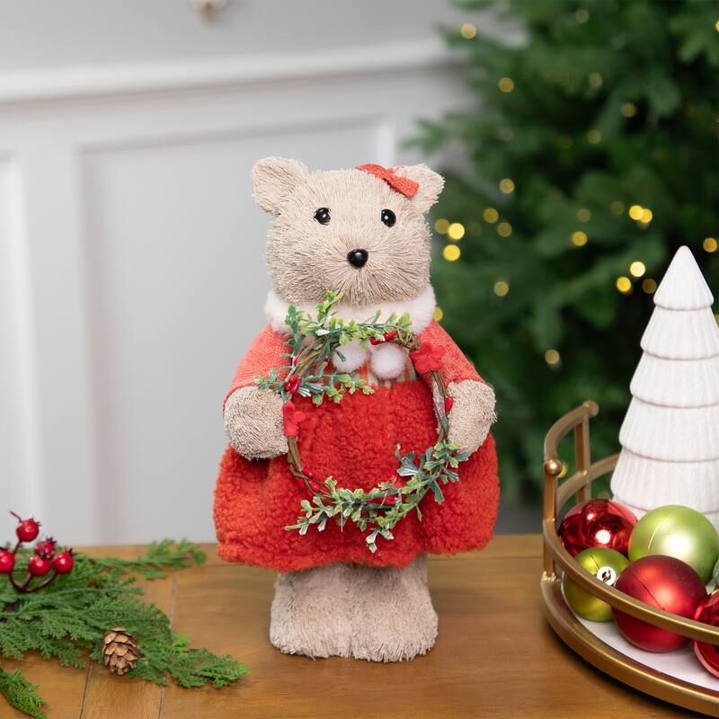 Woodland Girl Bear Holding Wreath Christmas Figure - 10"
