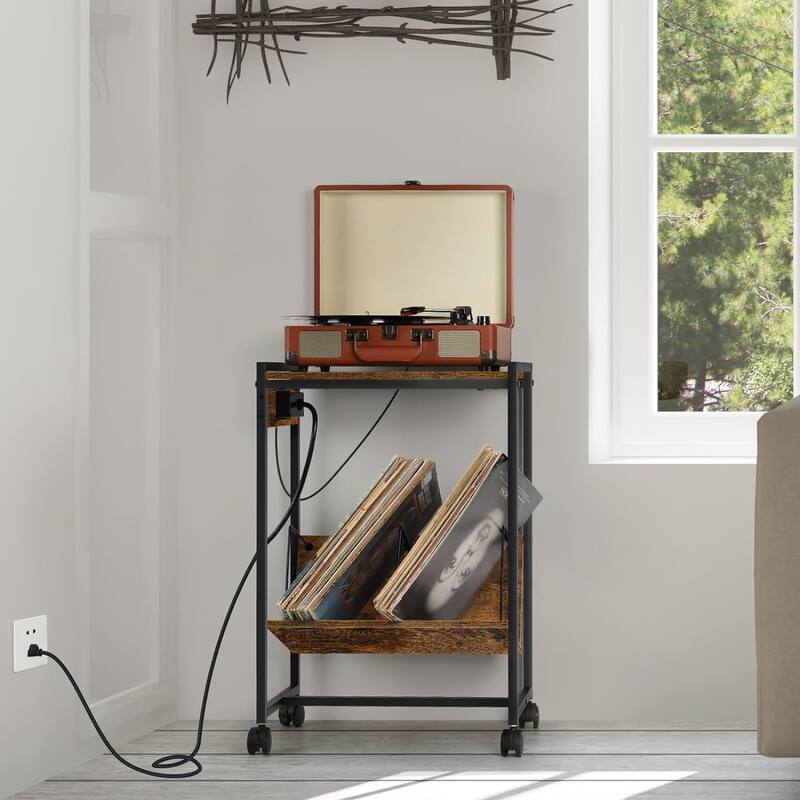 2 Tier Record Player Stand with Charging Station