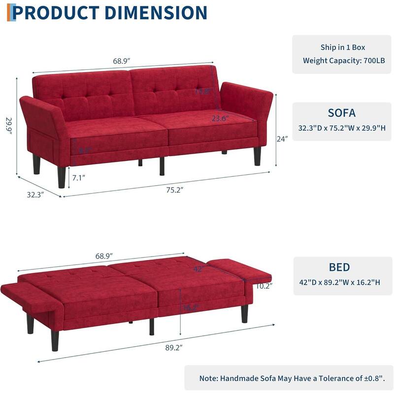 89" Futon Sofa Bed, with Adjustable Backrest & Armrest