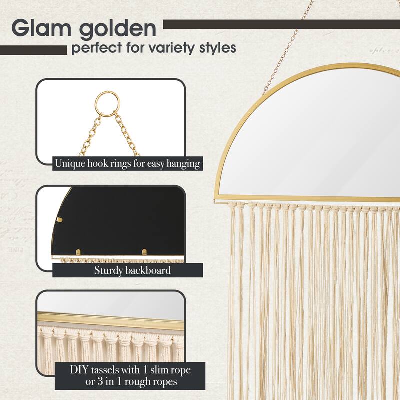 Glitzhome Regency Modern/Boho Metal Semi-moon Specialty Wall Mirror With Tassels Drawing Room Bedroom Decor