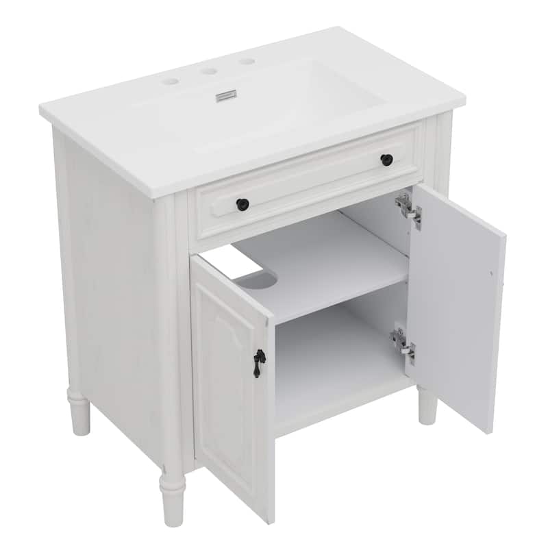 31 Inch Vintage Bathroom Vanity with Sink Soft Close Doors Adjustable Shelf Rubber Wood Legs, Curved Profile Design