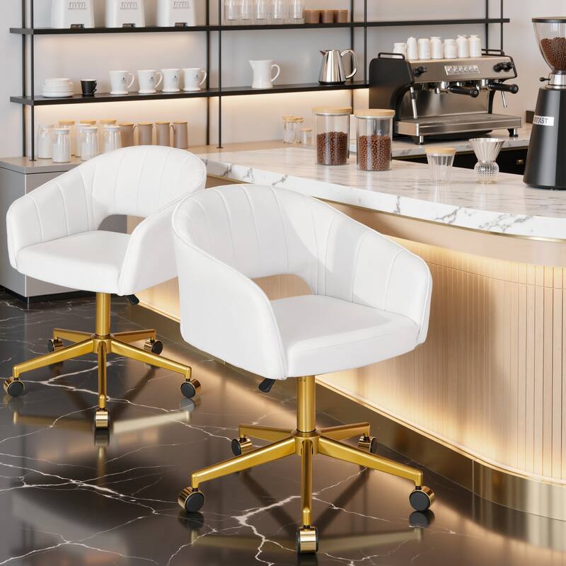 VECELO White Velvet Swivel Accent Chair with Adjustable Height Gold Base 360° Swivel Armchair for Living Room Bedroom Office