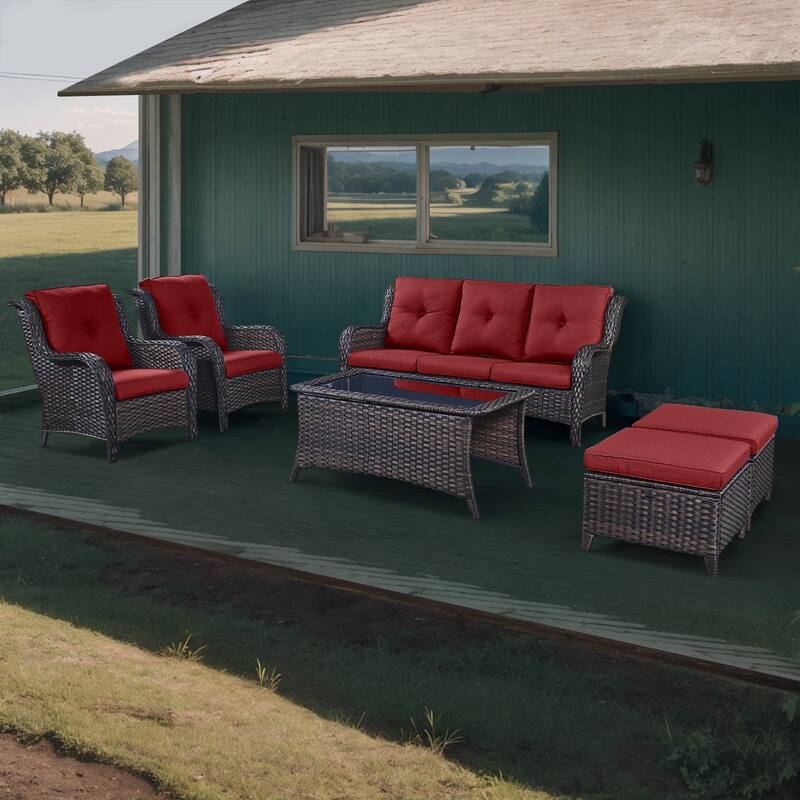 Gymojoy 6-Piece Patio Furniture Sofa Chair Ottoman - Brown - Red