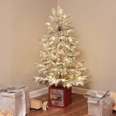 Artificial 4ft Snow Flocked Christmas Tree in Red Wood Base with Pre-Lit Clear LED Lights