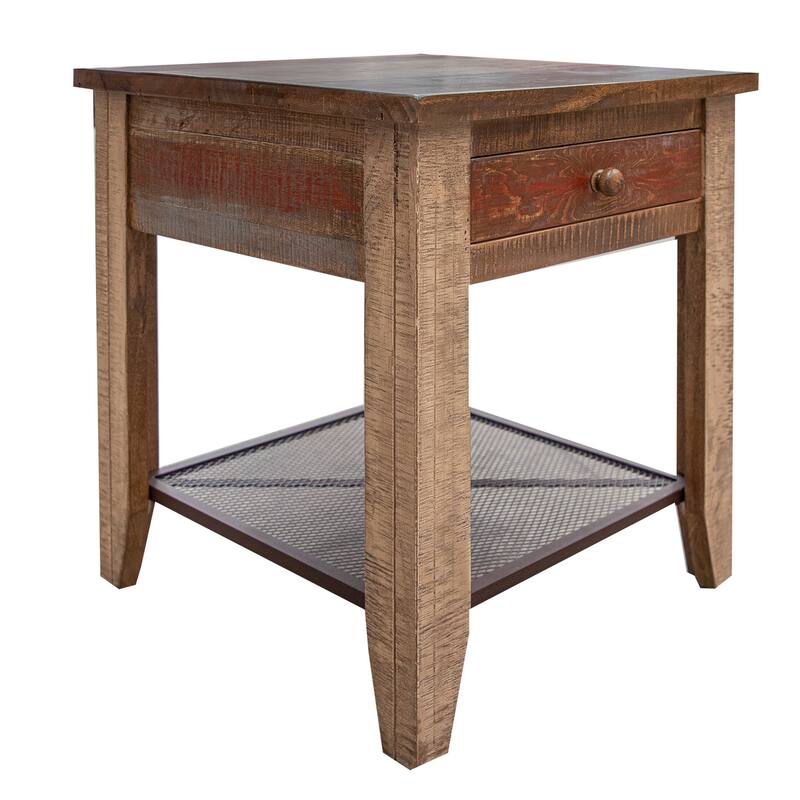 Fena 23 Inch Wide End Table, Single Drawer, Multicolor Distressed Pine Wood - Brown, Multicolor - Wood