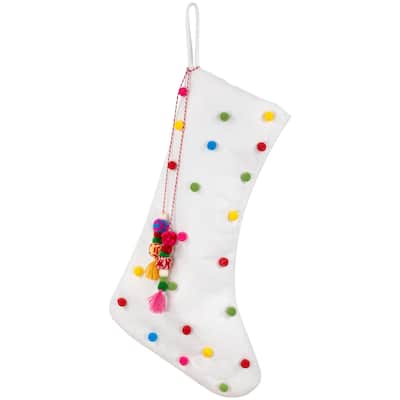 20" White Christmas Stocking with Multicolor Pom-Poms and Tassels
