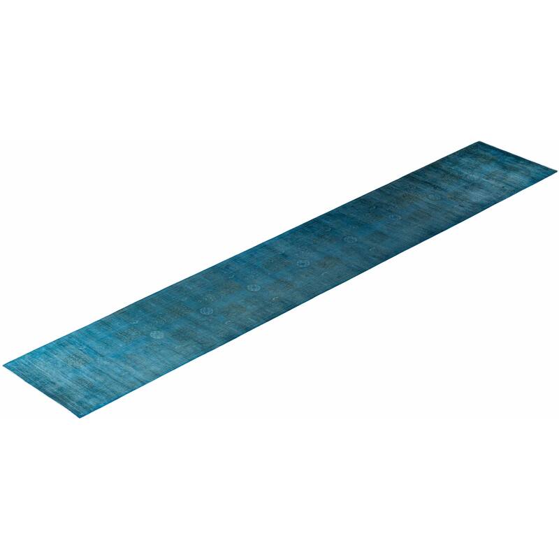 Overton Hand Knotted Wool Vintage Inspired Modern Contemporary Overdyed Blue Runner Rug - 3' 2" x 20' 4"