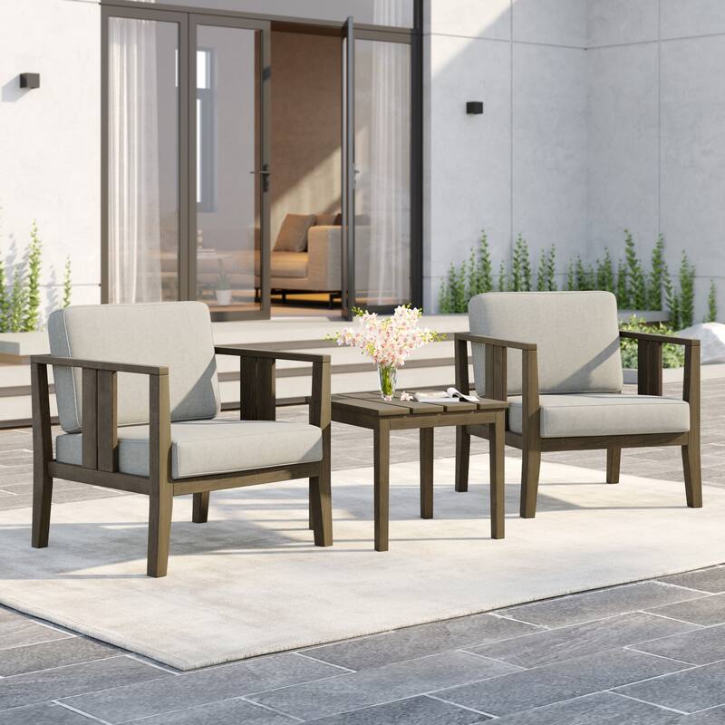 Uixe 3-piece Teak Solid Wood Outdoor Arm Chairs with Side Table Set - Natural frame-Camel