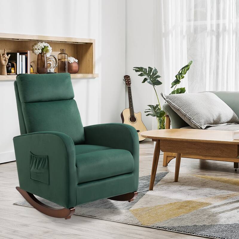 Mid Century Velvet Nursery Rocking Chairs, Upholstered High Back Glider Armchairs for Living Room - Green