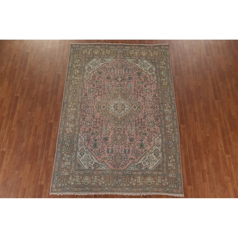 Hand Knotted Oriental 100% Wool Carpet Traditional Medallion Pink Tabriz Area Rug - 9' 5'' X 6' 5''