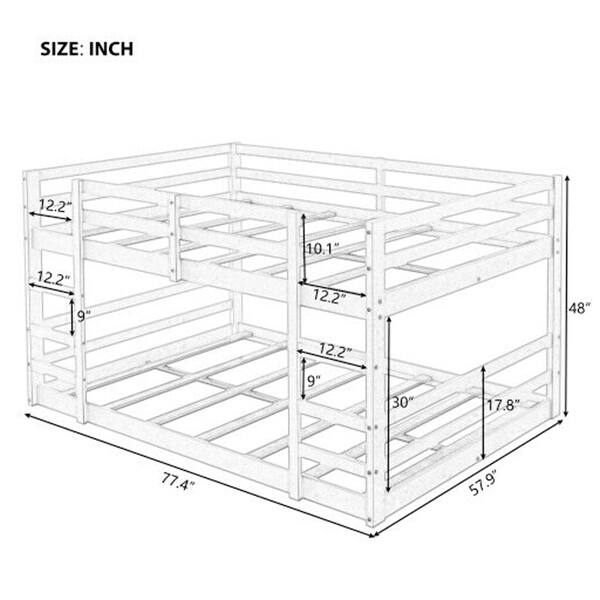 Full Size Floor Bunk Bed Wooden Platform Bed Frames Bedroom Sets White