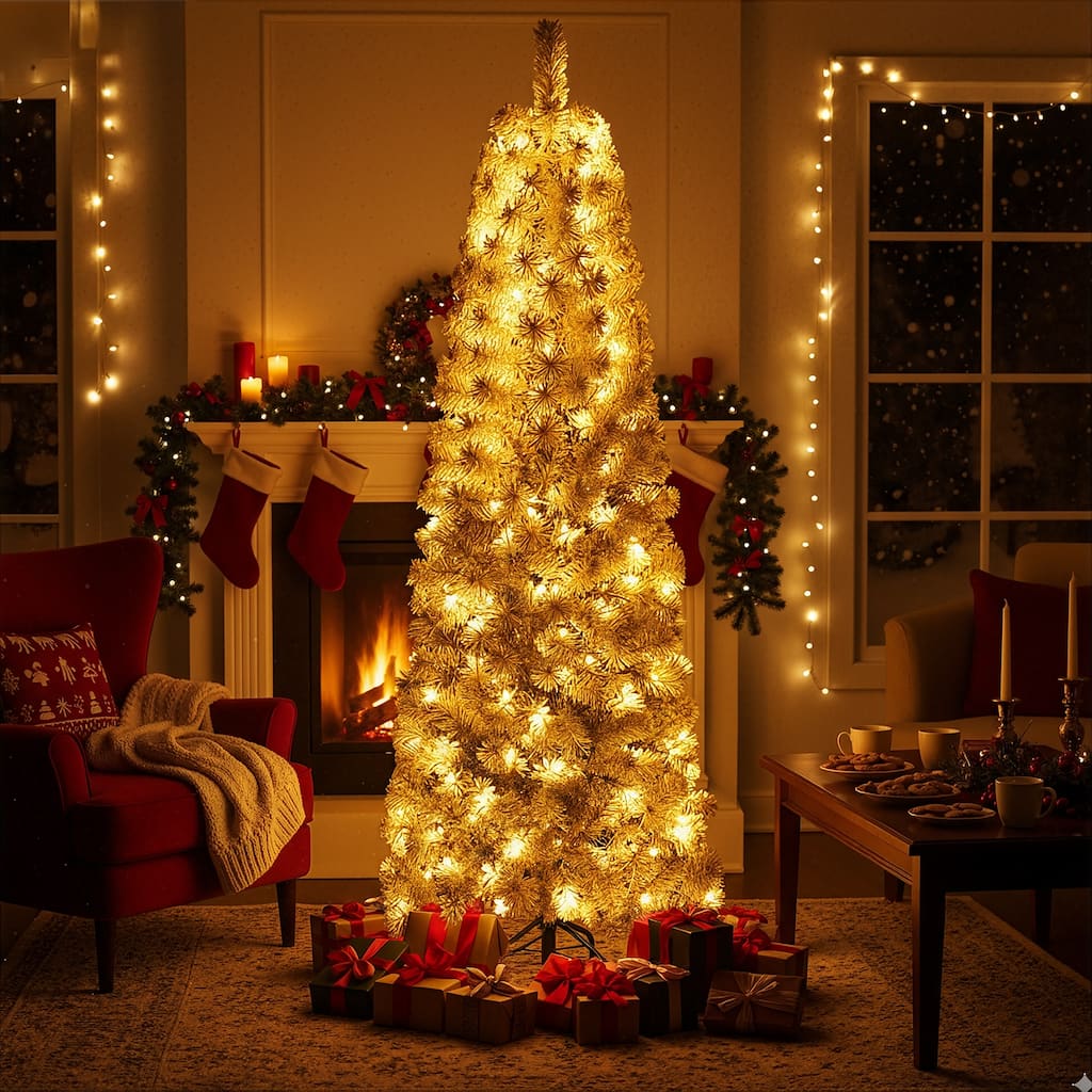 6FT & 7.5FT Pre-Lit Snow-Flocked Artificial Christmas Tree with Warm White Lights