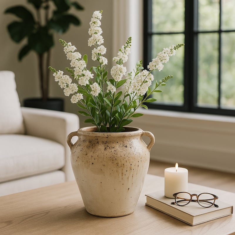 Modern Terracotta Tall Vase with Speckled Finish - Ivory & Brown