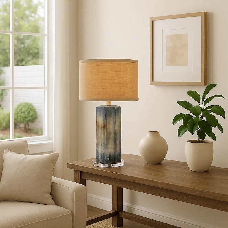 Absy Accent Table Lamp, Brown Oval Raffia Shade, Abstract Blue 23 Inch