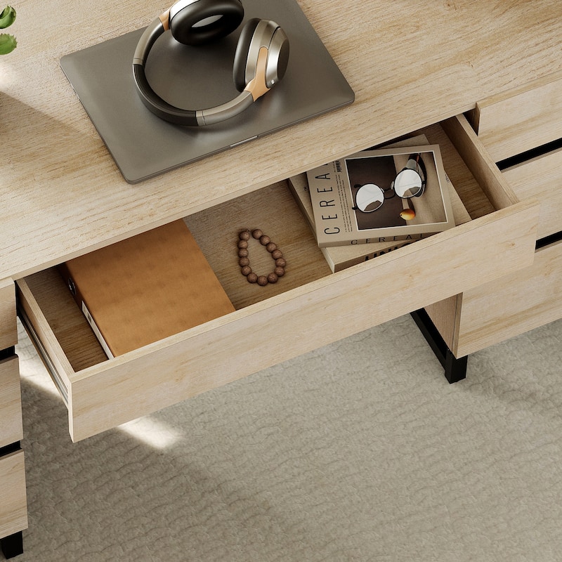 WAMPAT 59" Modern Executive Desk with Drawers & Charging Station, Wood Office Desk for Bedroom, Living Room, Home Office.