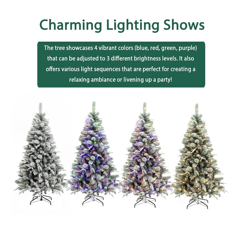 6Ft Full Artificial Snow-Flocked Christmas Tree with Lights, 10-Control & 3-Color Light Modes - 72" H x 41.3" Diameter