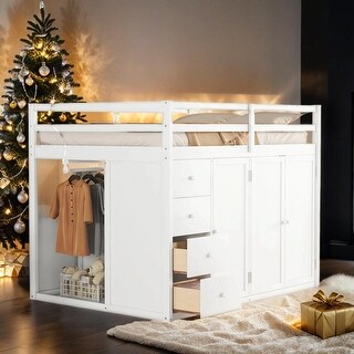 Full Size Wood Loft Bed With Wardrobes, Cabinets and Drawers, White