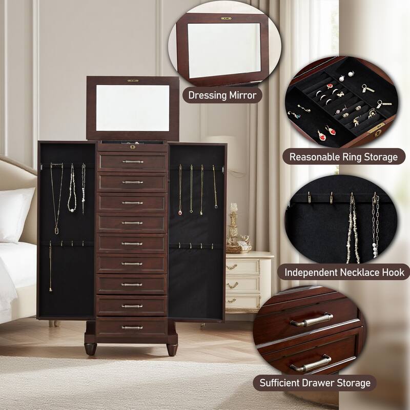 Tall Standing Jewelry Armoire with Mirror,Lockable Wooden Jewelry Cabinet with 9 drawers and side door,