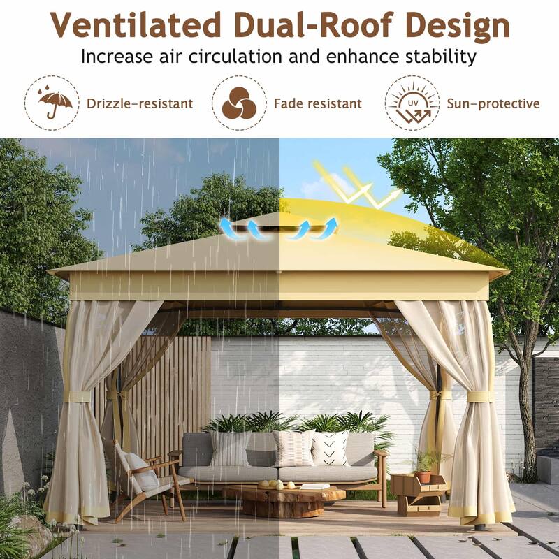 10x12 FT Outdoor Gazebo Tent with Double Roofs and Mosquito Netting