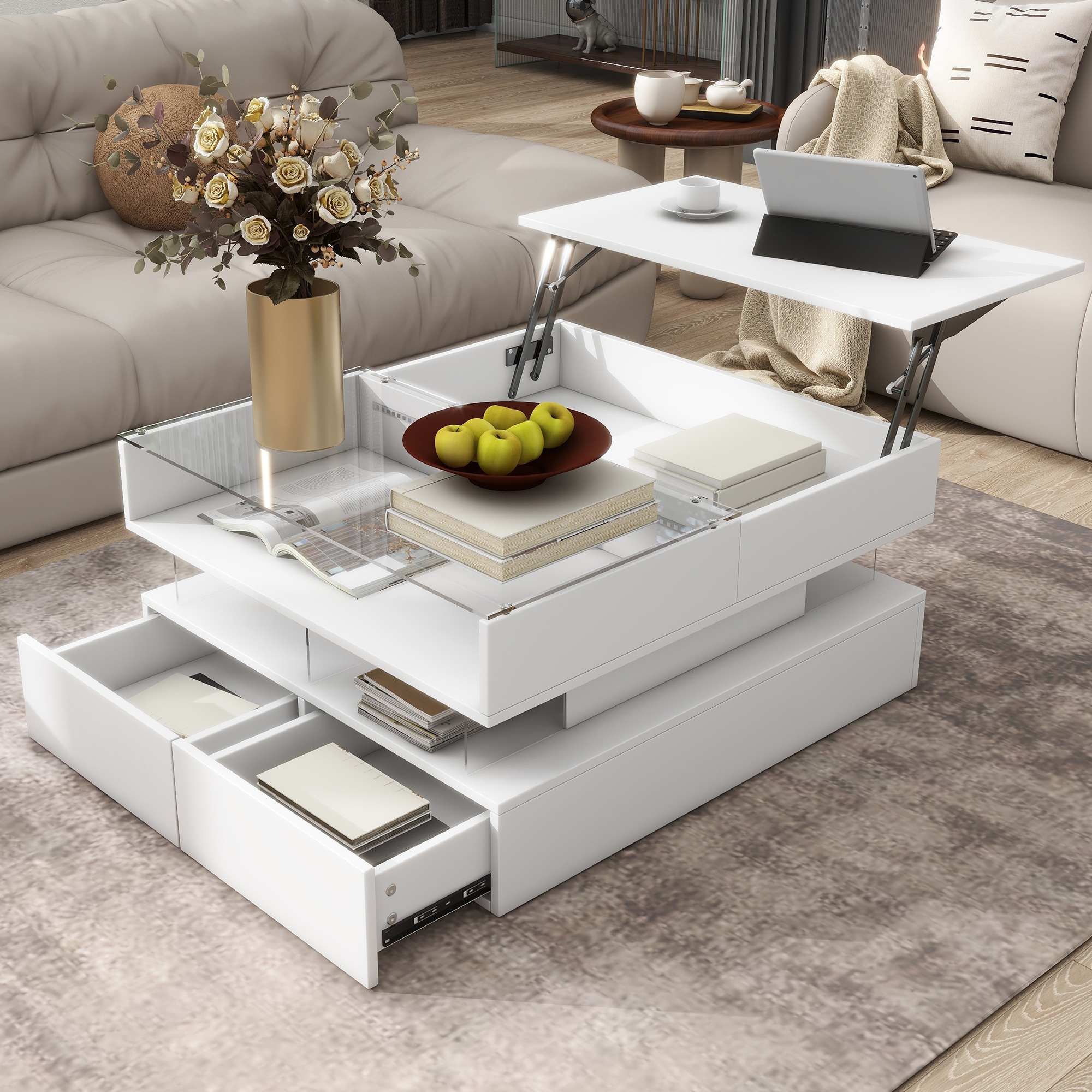 Lift-Top Coffee Table with 2 Drawers, Square Center Table Side Table White Sofa Table with LED Lights