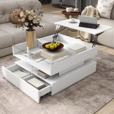 Lift-Top Coffee Table with 2 Drawers, Square Coffee Table with Hidden Space