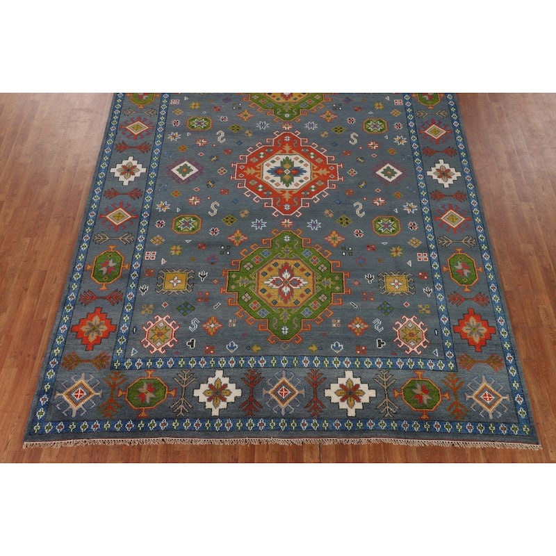 Blue Geometric Kazak Oriental Area Rug Hand-Knotted Wool Carpet - 9'3" x 11'7"