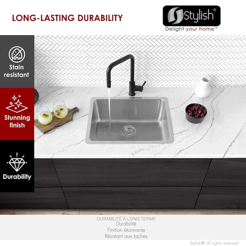 STYLISH 20.5 inch Single Bowl Undermount and Drop-in Stainless Steel Kitchen Sink - 20.5" x 18" x 9"