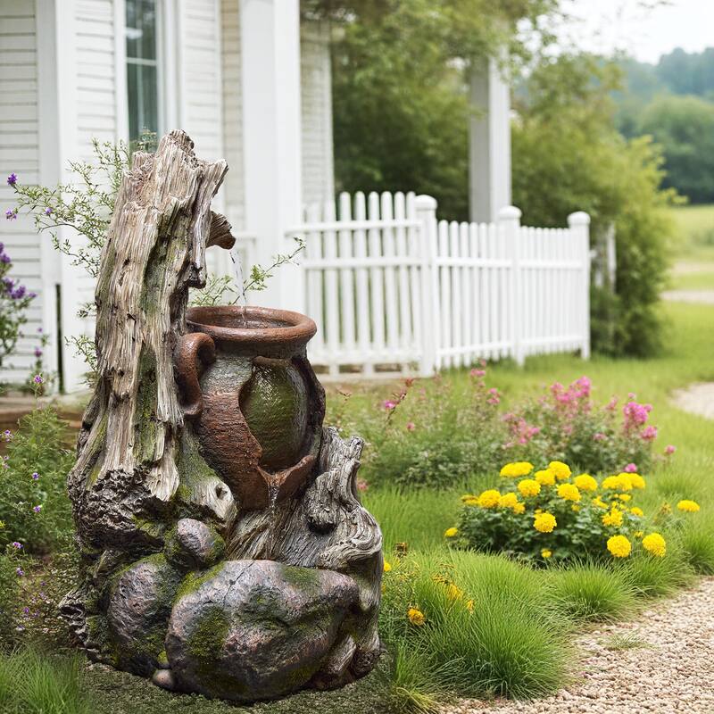 Vbal Outdoor Water Fountain with LED Lights – Weather-Resistant Faux Wood Tree Trunk Design