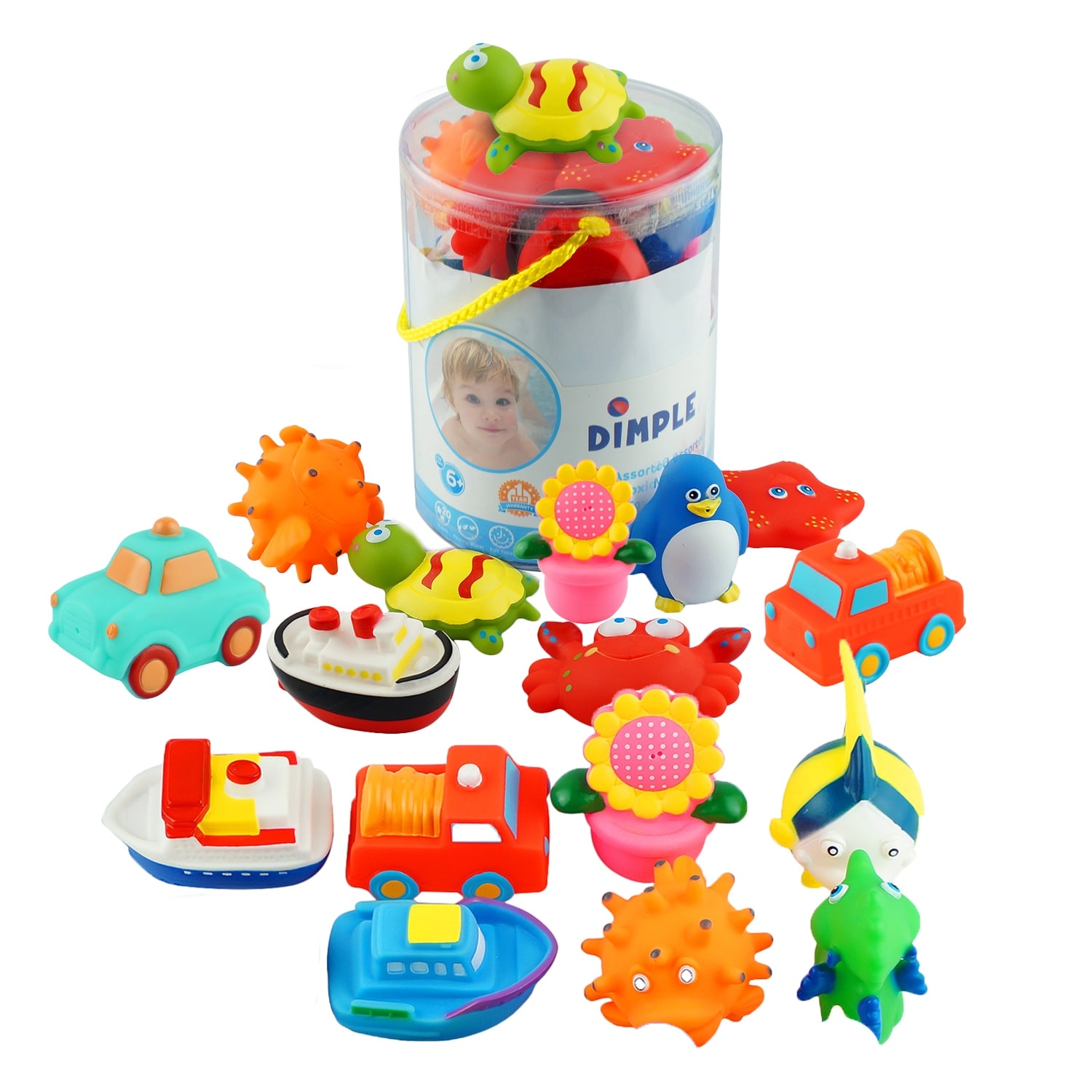 Dimple Set of 20 Floating Bath Toys with 20 Different Sea Animals, Vehicles and Shapes, Squirter Toys for Boys and Girls
