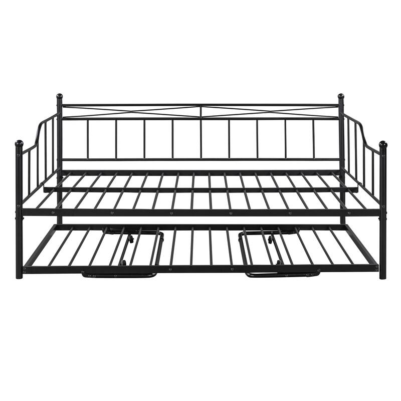Metal Daybed with Adjustable Trundle, Portable Folding Trundle Bed