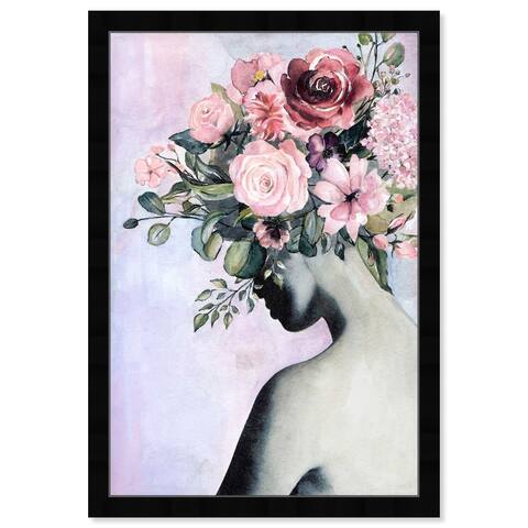 "Florals in her head", Elegant Flower Crown Traditional Pink Framed Wall Art Print for Living Room