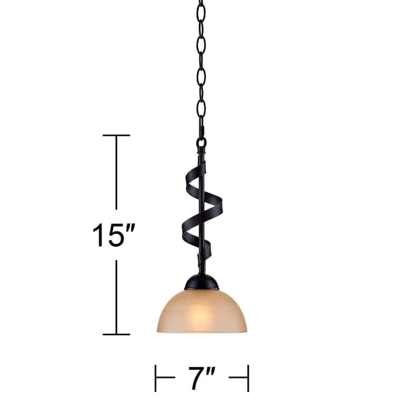 Bronze Mini Pendant Light 7" Spiral Ribbon Amber Glass Fixture - 7" x 15"