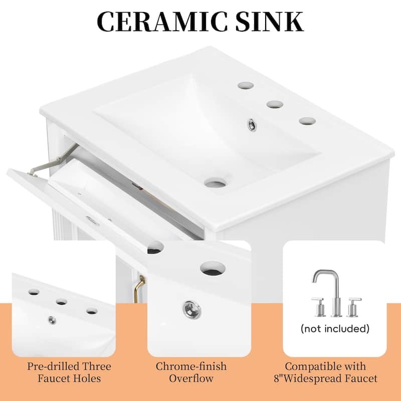 24" Freestanding Bathroom Vanity with Ceramic Sink, Flip-Out Drawer & 3-Drawer Cabinet, Solid Wood & MDF