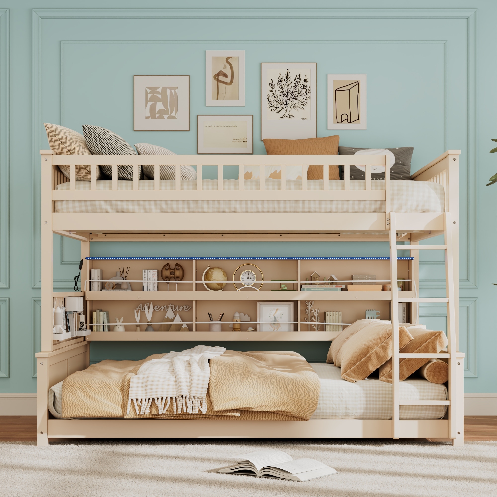 Wood Bunk Bed with Color-Changing Lights and Pegboard