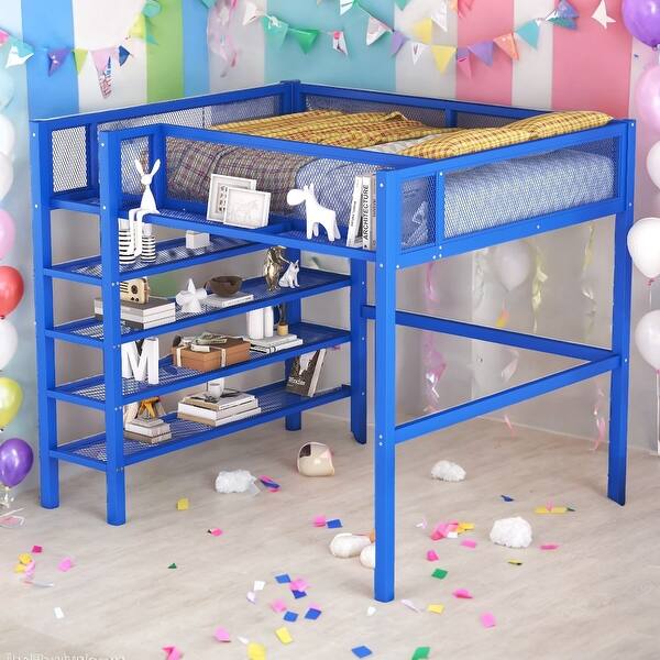 slide 2 of 9, Full Size Metal Loft Bed with 4-Tier Shelves and Storage for Home Blue