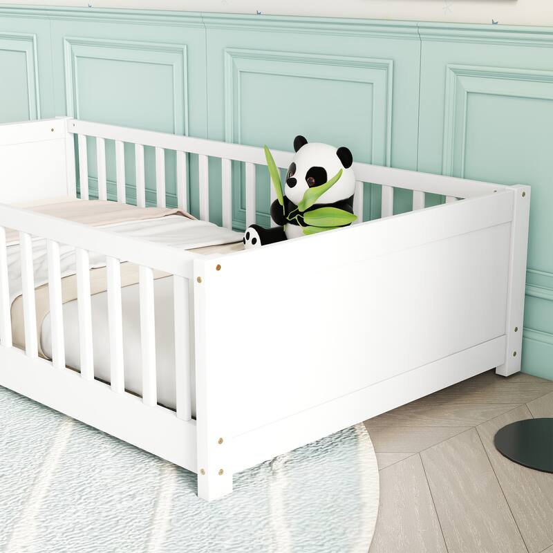 Twin Size Floor Bed Frame for Kids Bed with Fence Guardrails Endbed Storage Splint Platform Bed - Available with or without Door