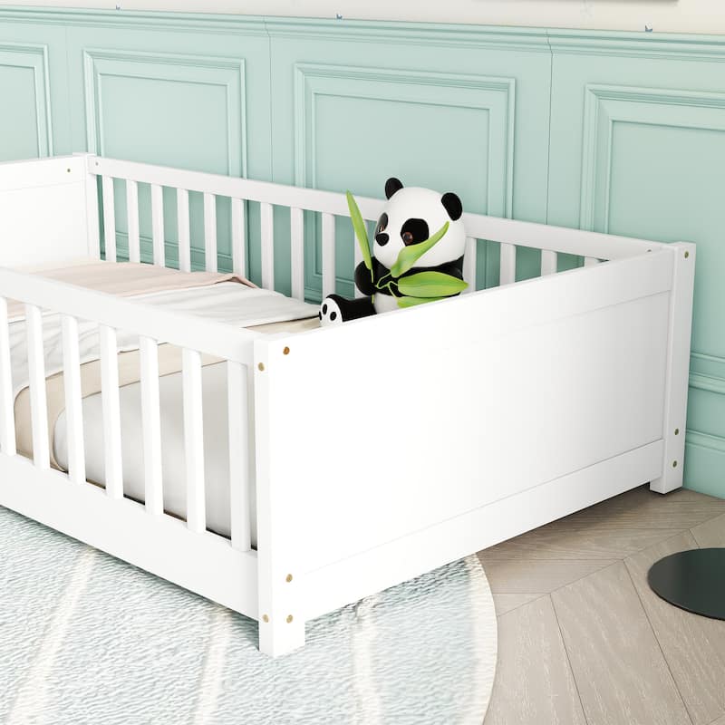 White Twin Size Pine Wood Floor Bed with Book Storage and Fence