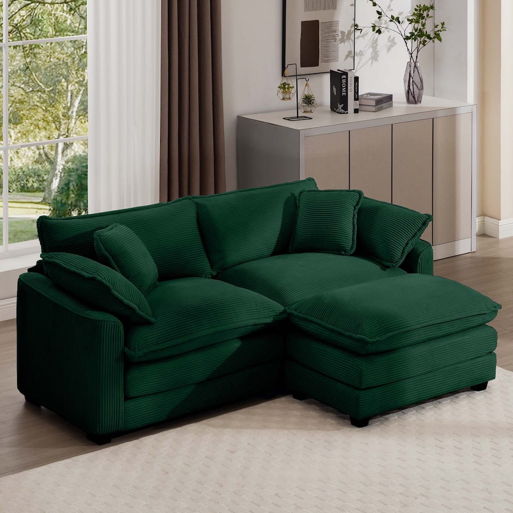 Green Corduroy Cloud Upholstered Modular L-Shaped Sectional Sofa with Removable Ottoman and 4 Pillows