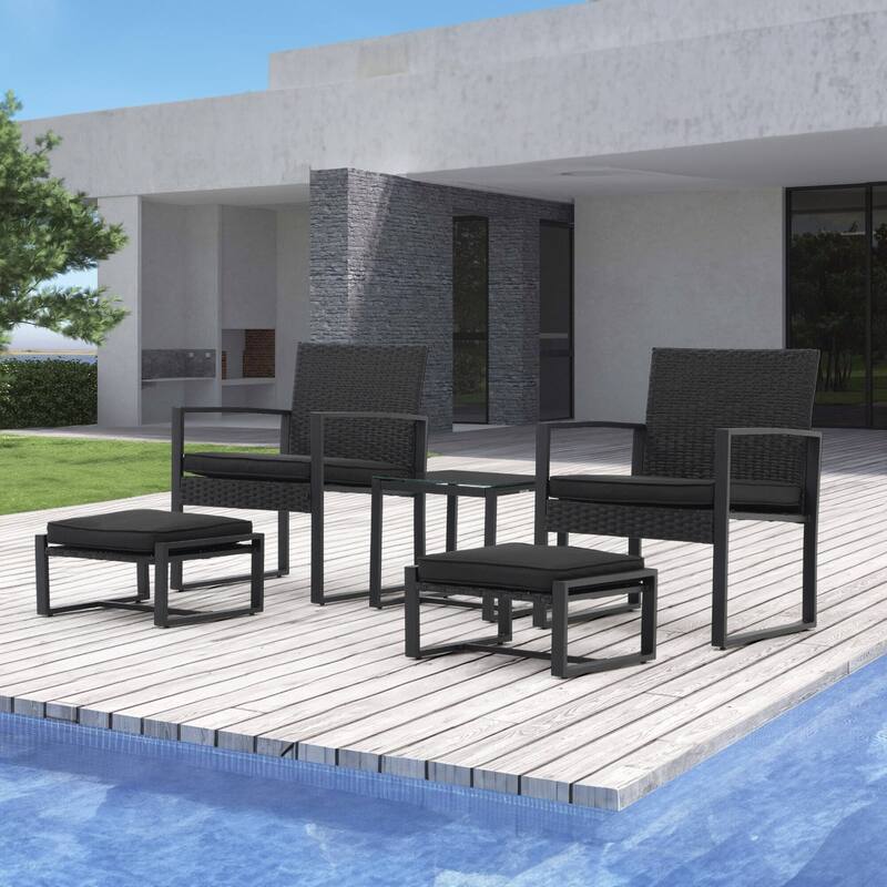 Patio 5 Pieces Wicker Chat Set with Cushions - Black