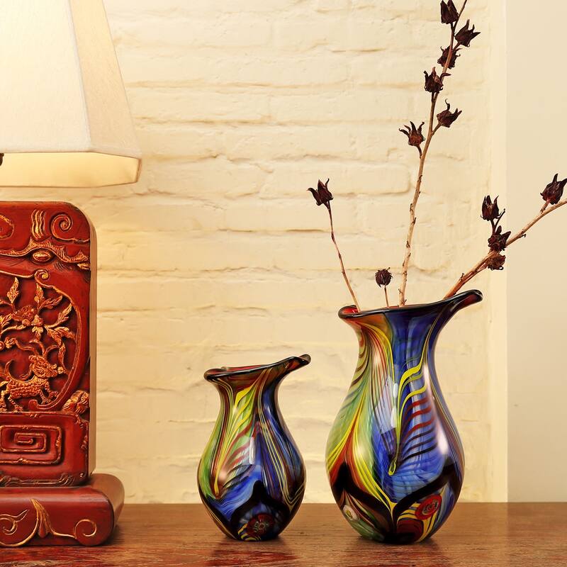 Luxury Lane Hand Blown Abstract Teardrop Art Glass Vase with Angled Lip 9.5-13.5 inch tall