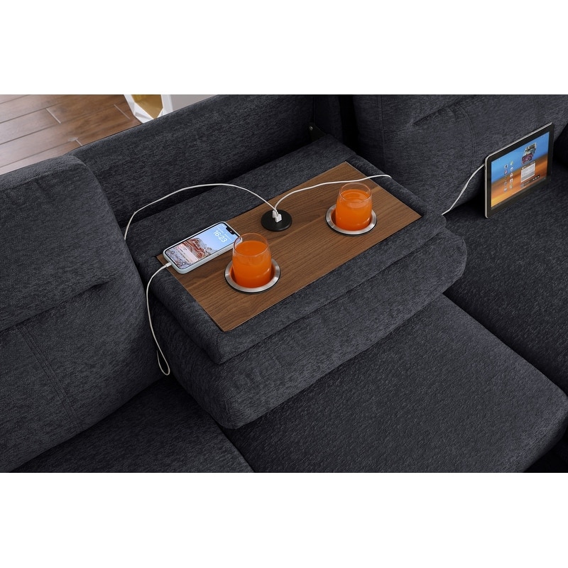 Kipling II 94"W Chenille Fabric Sleeper Sectional Sofa with Right-Facing Chaise, Cupholders, USB Charging port