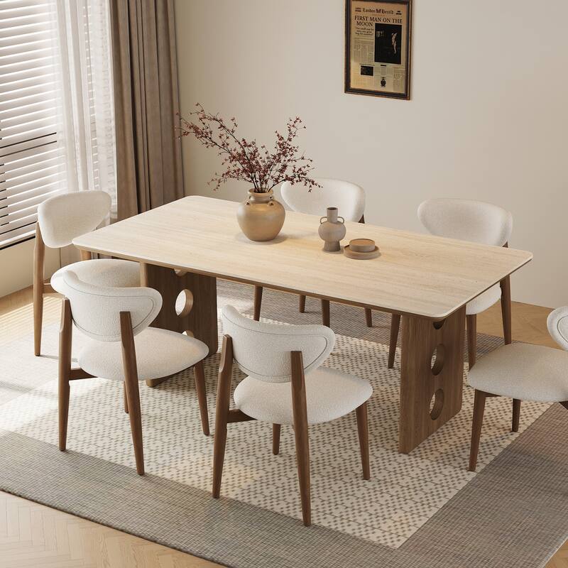 71"Mid-Century Modern Dining Table For 6, Retangular Kitchen Table With Beige Travertine Sintered Stone Top