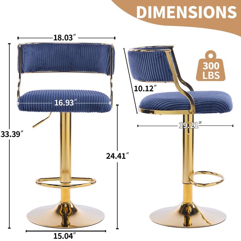 Corduroy Upholstered Adjustable Bar Stool with Gold Tone Base